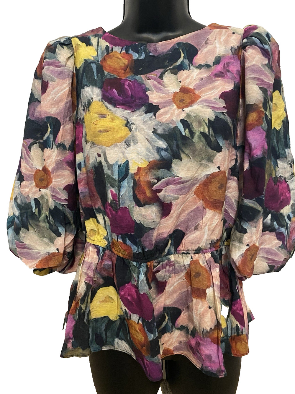 Adelyn Rae Womens Dark Floral Ruffled Blouse Siz XS Balloon Sleeves Artsy Office